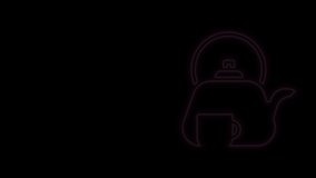 Glowing neon line Traditional tea ceremony icon isolated on black background. Teapot with cup. 4K Video motion graphic animation.