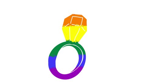 4k animation of a ring with a rainbow overflow. Stock video of wedding lgbt couple. An offer of marriage. Cartoon ring with a large diamond on a white background with an alpha channel.