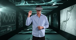 Animation of businessman wearing vr headset over screens with medical data processing. global science, technology, connections and data processing concept digitally generated video.