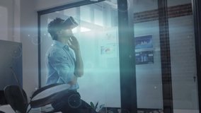 Animation of network of connections over businessman using vr headset in office. global connections, business and technology concept digitally generated video.