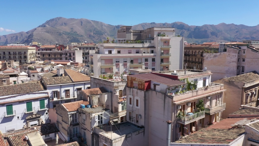 Palermo city in Sicily, Italy. Drone aerial view above the roofs