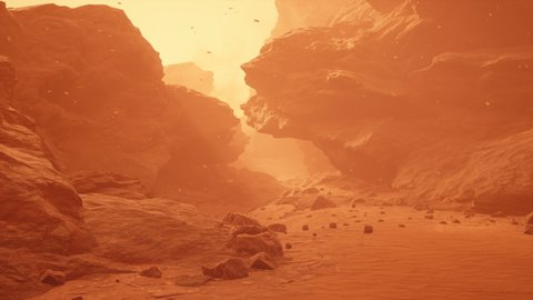 The surface of the red deserted planet Mars during a strong sandstorm. Mars colonization and space travel concept. The animation is designed for futuristic, sci-fi or space travel.