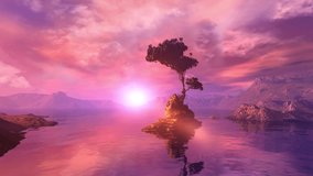 Magnificent purple sunset over a mountain lake, 3D render.
