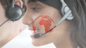 Animation of financial data processing over business people wearing headsets. global communication, business, connections, digital interface and technology concept digitally generated video.