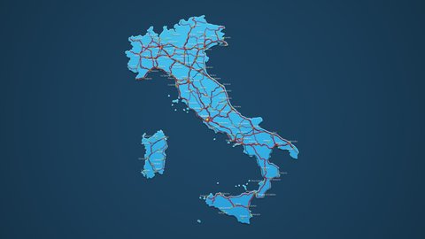 Light blue map of Italy with cities, roads and railways on a dark blue background. 4K Animation with Luma Matte.
