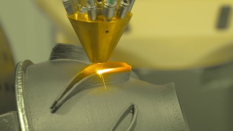 Direct metal deposition - advanced additive laser melting and powder spray manufacturing technology for repair, rebuild metal workpieces - close up. Metalworking, robotic, industrial concept