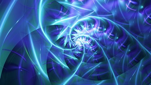 Blue spiral fractal constructions rotating, twinkling and morphing. Abstract curve helix radiating and transforming. Crystal ice winter magic tunnel with cold fluid circulating. 4K UHD 4096x2304