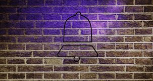Animation of neon bell notification icon flickering with copy space over brick wall background. global social media, communication and digital interface concept digitally generated video.