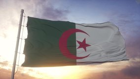 Flag of Algeria waving in the wind, sky and sun background