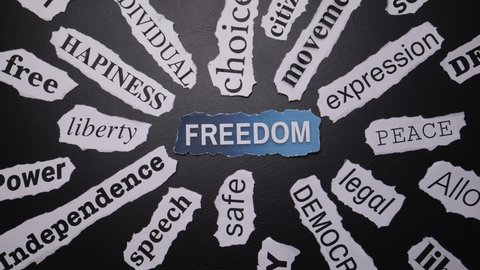 Word cloud animation of the word FREEDOM with many synonyms and related words from the same theme. The words are in a newspaper cutout format with different fonts.