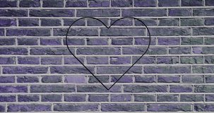 Animation of neon heart icon flickering with copy space over brick wall background. global social media, communication and digital interface concept digitally generated video.