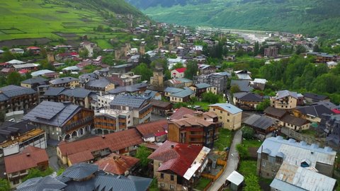 Mestia township in Zemo Svaneti, Georgia Caucasus Mountains, 4K aerial shot