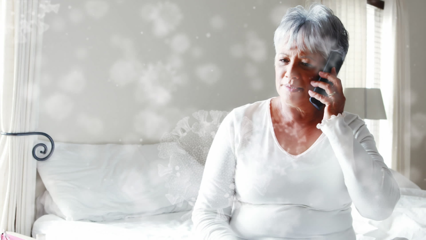 Animation of covid 19 cells floating over sick woman. global covid 19 pandemic concept digitally generated video.