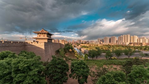 Time lapse of Shanxi Datong cityscapes, Datong old city wall at sunset