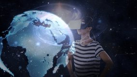 Animation of network of connections and globe over businesswoman wearing vr headsets. global communication, business, security, digital interface and technology concept digitally generated video.