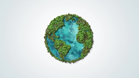 Green World Map- Earth day video tree or forest shape of world map isolated on white background. Earth Day or Environment day Concept. Green earth with electric car. Paris agreement concept.