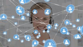 Animation of network of connections and icons over businesswoman wearing headset. global communication, business, connections, digital interface and technology concept digitally generated video. - Powered by Shutterstock - Get 15% off with code: PIKWIZARD15
