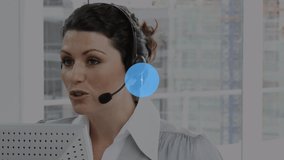 Animation of network of connections and icons over businesswoman wearing headset. global communication, business, connections, digital interface and technology concept digitally generated video.
