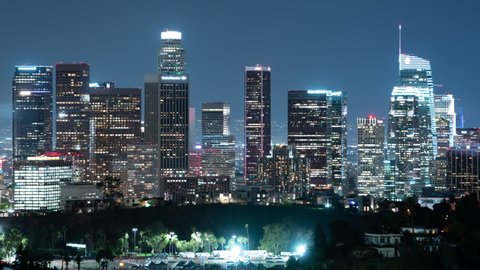 Los Angeles Downtown Skyline and Covid Vaccination Site from Angeles Point Elysian Park Night Time Lapse California USA