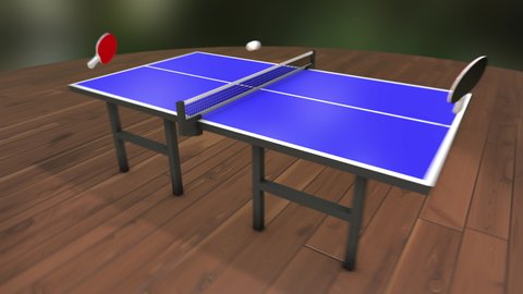 3D animation of table tennis game. Small red rackets hit ping pong ball back and forth across a photorealistic blue table. Dynamic action with side view. Seamless loop of virtual ping-pong sport game