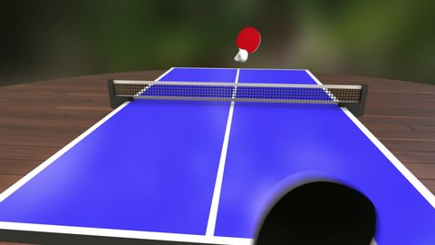 3D animation of table tennis game. POV of small red racket hits ping pong ball back and forth across a blue table. Dynamic action with first-person view. Seamless loop of virtual ping-pong sport game