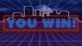 Animation of you win text over colorful digital cityscape on moving colorful grid. video game,medical research,connections and entertainment concept digitally generated video. - Powered by Shutterstock - Get 15% off with code: PIKWIZARD15