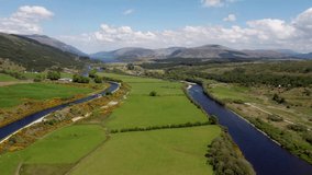 4k drone footage of the Caledonian Canal between Inverness and Loch Ness in the Scottish Highlands, UK