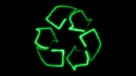 Neon green recycling symbol banner on black background. Reduce Reuse Recycle Zero Waste Lifestyle No Plastic Concept 4K Animation Background. Recycling symbol, ecology, reuse icon, green technology