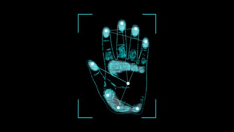 Biometric handprint scan over black background. Moving frame with neon light. Human identification and security control concept.