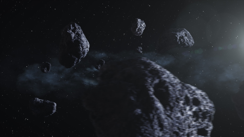 Beautiful asteroids field, beautiful cinematic flight through dark deep space asteroid field with stars, metorite in 4k, sci-fi Royalty-Free Stock Footage #1076569274