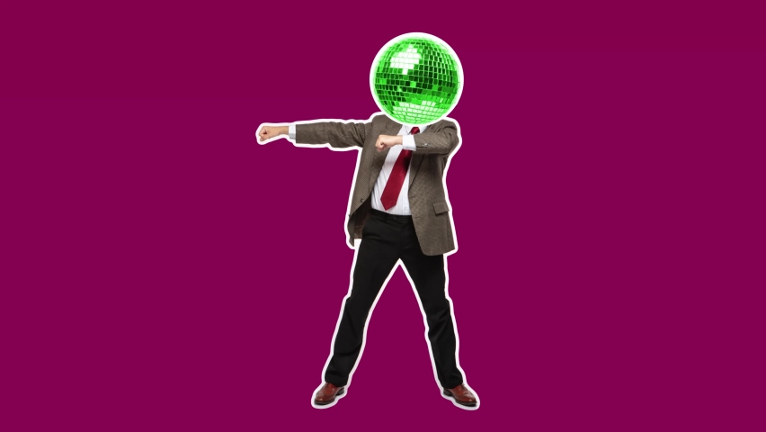 Stop motion design or art animation. Dancing businessman with disco ball head. Fashion dance with color background. Funny man. Modern, conceptual, contemporary bright 4k artcollage. Party time concept Royalty-Free Stock Footage #1076573345