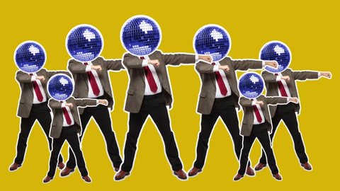Stop motion design or art animation. Dancing businessman with disco ball head. Fashion dance with color background. Funny man. Modern, conceptual, contemporary bright 4k artcollage. Party time concept