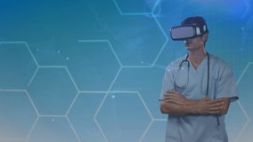 Animation of network of connections and data processing over male doctor wearing vr headset. global medicine, technology, connections and digital interface concept digitally generated video.