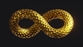cycled animation of 3d infinity symbol with golden scales texture, isolated on black background. Abstract animated moving snake