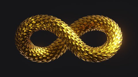 cycled animation of 3d infinity symbol with golden scales texture, isolated on black background. Abstract animated moving snakeの動画素材
