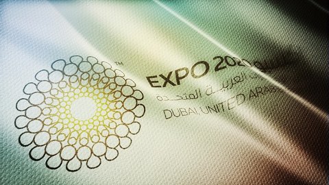 DUBAI, UAE - jul 27, 2021: animation of Dubai expo 2020 flag, expo 2020 flag waving in the wind, flag seamless loop animation. high quality, 