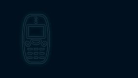 Glowing neon line Old vintage keypad mobile phone icon isolated on black background. Retro cellphone device. Vintage 90s mobile phone. 4K Video motion graphic animation .