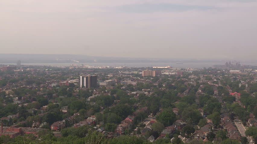 Smog and pollution cover Hamilton Ontario on hot summer day in July