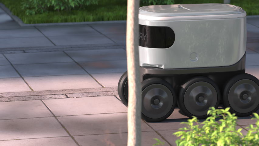 Automatic delivery robot driving down the morning street after rain Royalty-Free Stock Footage #1076594936