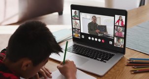 Schoolboy using laptop for online lesson at home, with diverse teacher and class on screen. global communication technology and online elementary education concept, digital composite video.