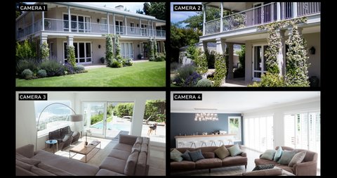 Composite of views from four security cameras ishowing family home exterior and living room. surveillance and domestic security technology concept, digital composite video.