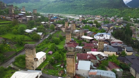 Mestia medieval stone tower houses in Zemo Svaneti, Georgia, Caucasus Mountains