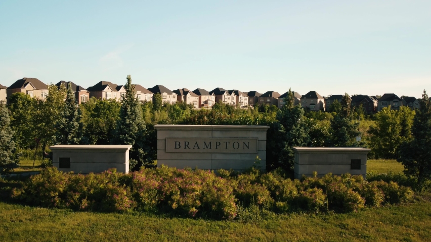 A sign of the city of Brampton Ontario Canada. This is a drone shot.