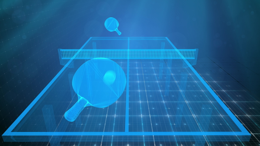 High tech holographic 3D animation of table tennis game. Futuristic rackets hit ping pong ball back and forth across hologram table. Digital POV view with seamless loop of virtual ping-pong sport game Royalty-Free Stock Footage #1076615849