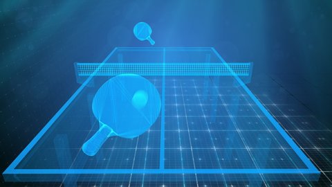 High tech holographic 3D animation of table tennis game. Futuristic rackets hit ping pong ball back and forth across hologram table. Digital POV view with seamless loop of virtual ping-pong sport game