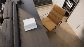 4K 3d rendering studio apartment room interior design and decoration for work from home with wooden table and yellow chair in the working corner.
