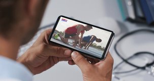 Composite of male doctor watching athletics running event on smartphone. sports, competition, entertainment and technology concept digitally generated video.
