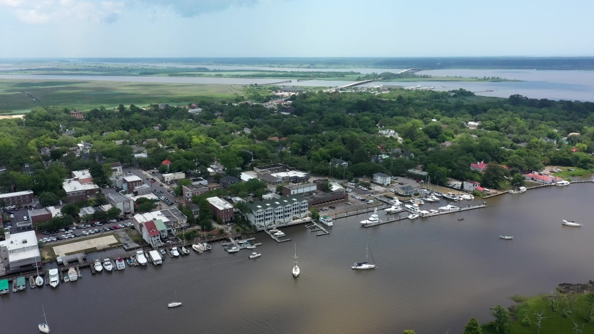 Georgetown, SC in Low Country historic homes and business with tourist, sailboats, harbor, boardwalk