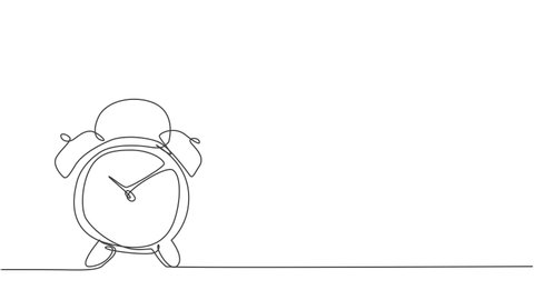 Animated self drawing of single continuous line draw old retro alarm analog clock on the floor. Minimalism metaphor business deadline concept. Full length one line animation illustration.