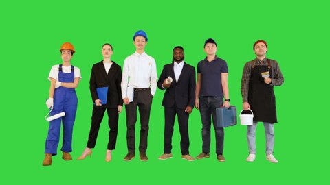 Crowd or group of people of different professions on a Green Screen, Chroma Key.